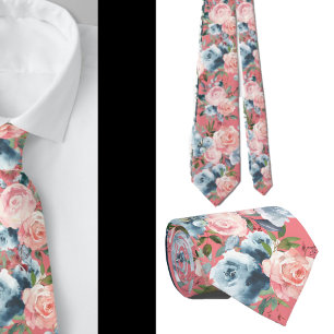 Pink and Blue Roses Flowers Floral Neck Tie