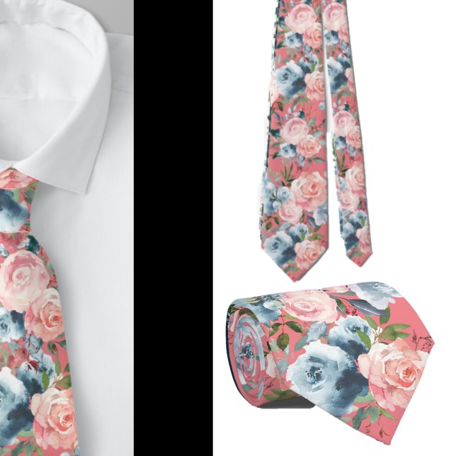Pink and Blue Roses Flowers Floral Neck Tie (Creator Uploaded)
