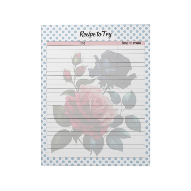 Pink and Blue Roses Recipe Notepad (Rotated)