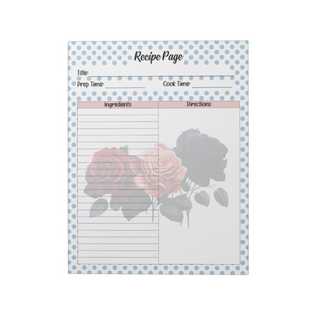 Pink and Blue Roses Recipe Notepad (Rotated)