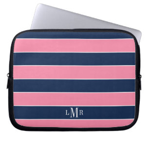 Pink and Blue Rugby Stripes Monogrammed Laptop Sleeve