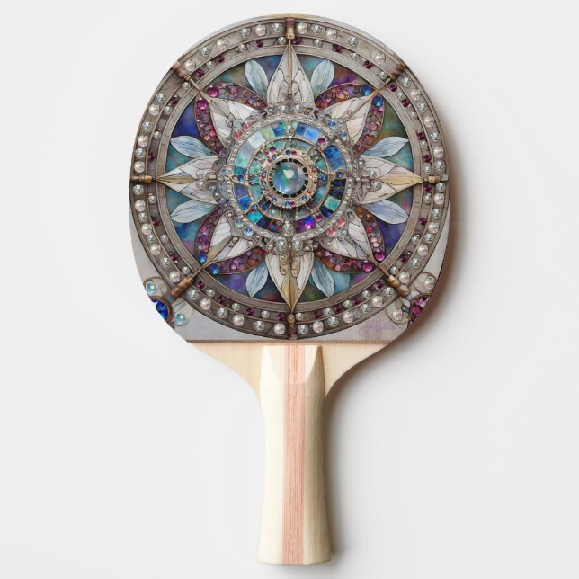 Pink and Blue Sapphires Diamonds Pearls Mandala Ping Pong Paddle (Front)