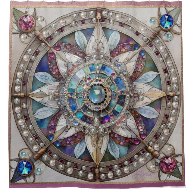 Pink and Blue Sapphires Diamonds Pearls Mandala Shower Curtain (Front)
