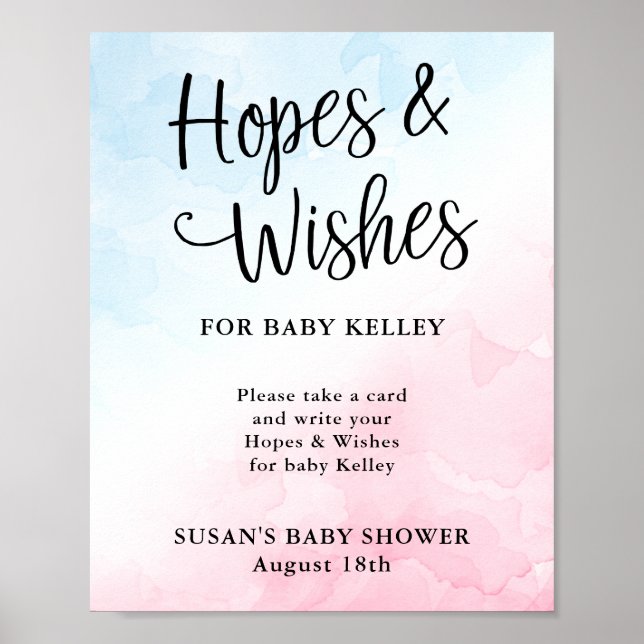 Pink and Blue Script Baby Shower Hopes & Wishes Poster (Front)
