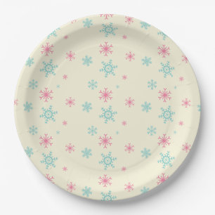 Pink And Blue Snowflake Pattern Christmas Wintery Paper Plate