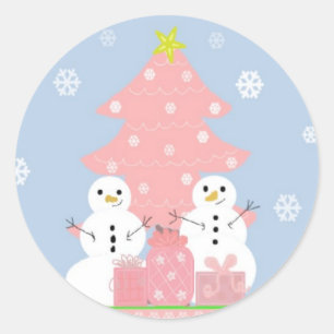 Pink and Blue Snowman Scene Classic Round Sticker