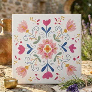 Pink and Blue Soft Botanical Folk Art Decorative Tile