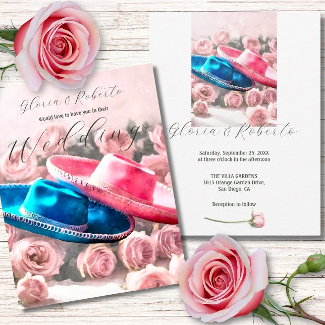 Pink and Blue Sombreros with Blush Roses Wedding Invitation (Creator Uploaded)