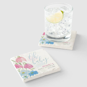Pink And Blue Spring Watercolor Flowers Stone Coaster