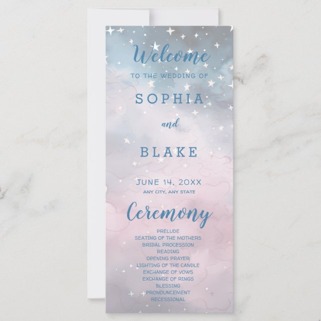 Pink and Blue Stars Celestial Wedding Program (Front)