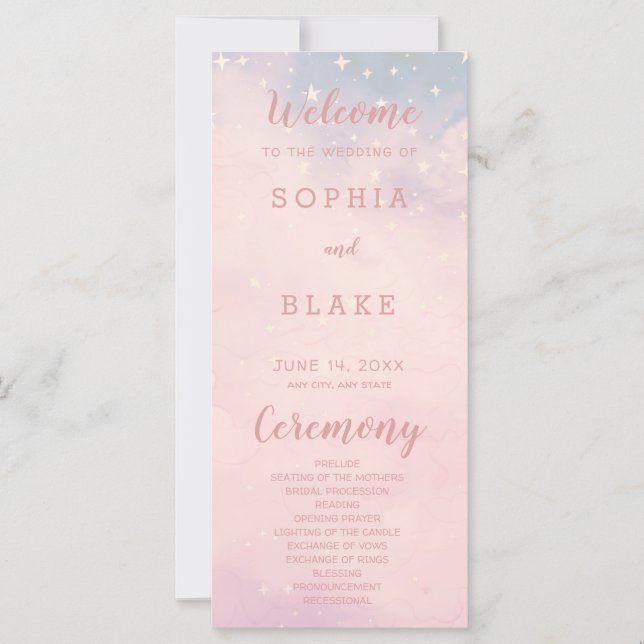 Pink and Blue Stars Celestial Wedding Program (Front)