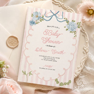 Pink and Blue Striped Floral Bow Baby Shower Invitation
