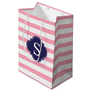 Pink and Blue Stripes Pattern and Monogram Medium Gift Bag