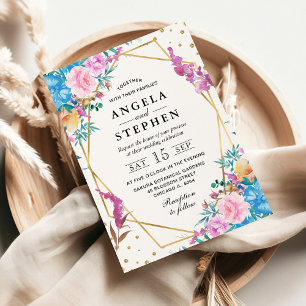 Pink and Blue Summer Flowers Gold Frame Wedding Invitation
