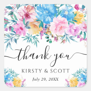 Pink and Blue Summer Flowers Wedding Square Sticker