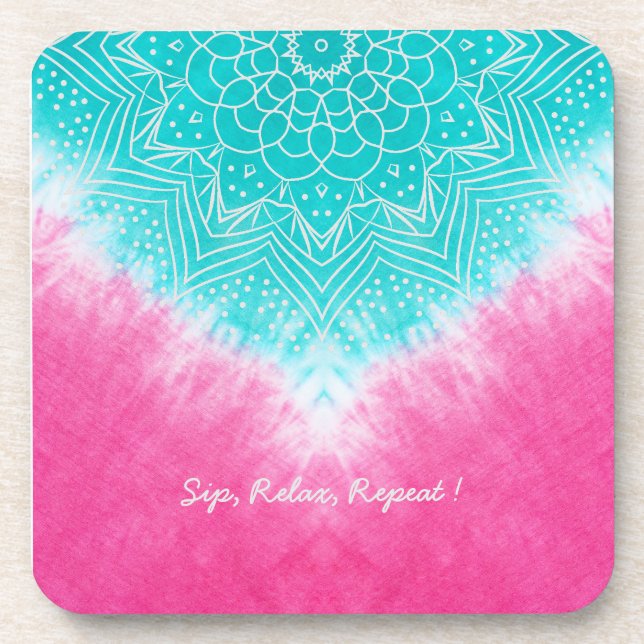 Pink and Blue Tie dye with Mandala Sway in Style Coaster (Front)