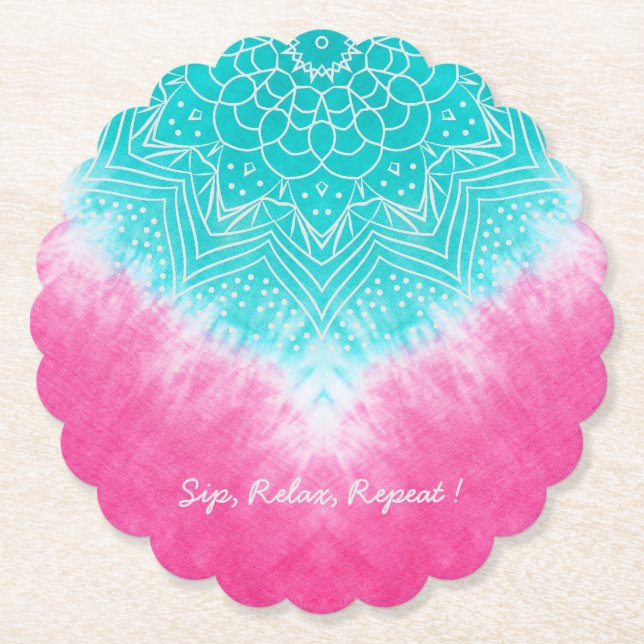 Pink and Blue Tie dye with Mandala Sway in Style Paper Coaster (Front)