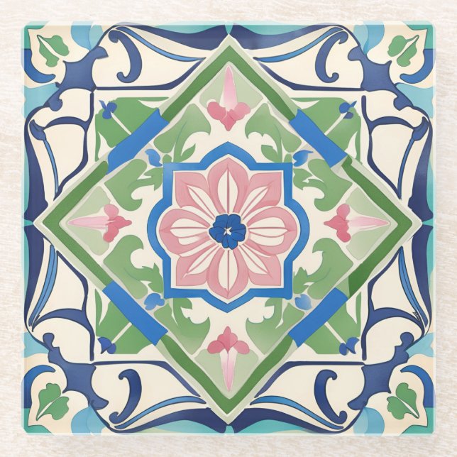 Pink and Blue Tile Glass Coaster (Front)