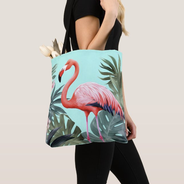 Pink and Blue Tropical Flamingo  Tote Bag (Close Up)