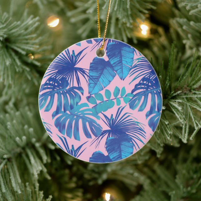 Pink and blue Tropical Foliage personalised Ceramic Tree Decoration (Tree)