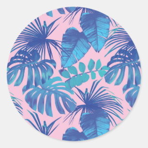Pink and blue Tropical Foliage personalised Classic Round Sticker