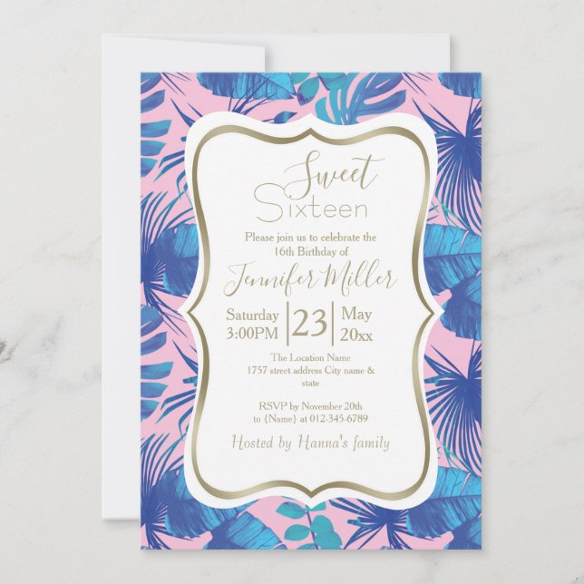 Pink and blue Tropical Foliage personalised        Invitation (Front)