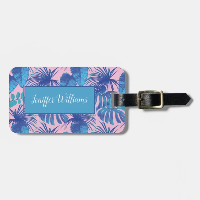 Pink and blue Tropical Foliage personalised        Luggage Tag (Front Horizontal)