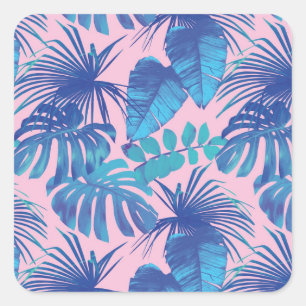 Pink and blue Tropical Foliage personalised Square Sticker