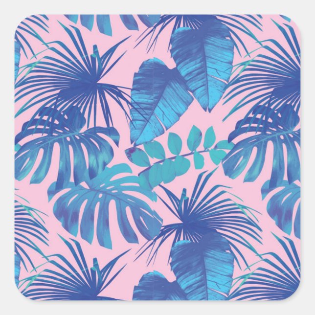Pink and blue Tropical Foliage personalised Square Sticker (Front)