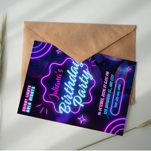 Pink and Blue Tropical Neon Birthday Party Invitation