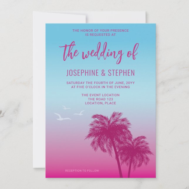 Pink And Blue Tropical Palm Trees Wedding Invitation (Front)