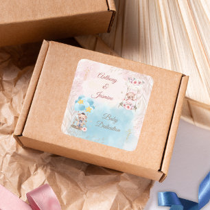 Pink and Blue Twin Teddy Bears on Swing with Cross Square Sticker