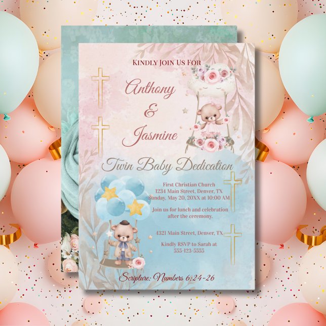 Pink and Blue Twin Teddy Bears on Swing with Photo Invitation (Creator Uploaded)