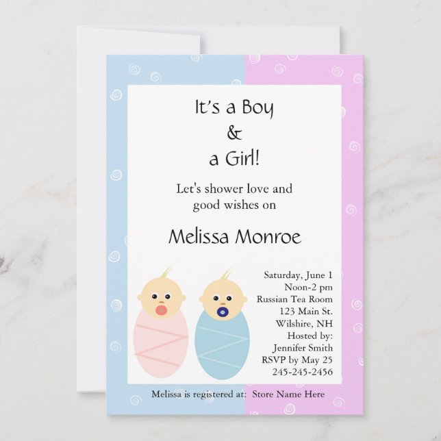Pink and Blue Twins Baby Shower Invitation (Front)