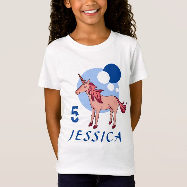Pink and Blue Unicorn Age Name Birthday Girl T-Shirt (Front)