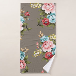 Pink and blue vintage flowers with green and cream bath towel