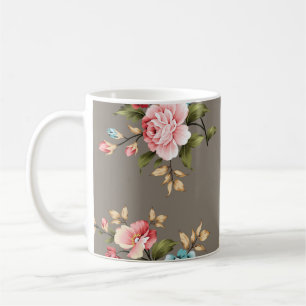 Pink and blue vintage flowers with green and cream coffee mug