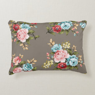 Pink and blue vintage flowers with green and cream decorative cushion