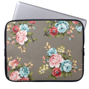 Pink and blue vintage flowers with green and cream laptop sleeve