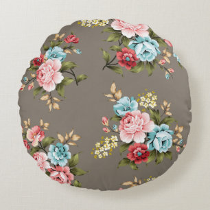 Pink and blue vintage flowers with green and cream round cushion