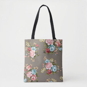 Pink and blue vintage flowers with green and cream tote bag