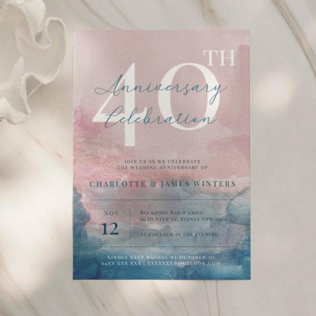 pink and blue watercolor 40th anniversary invitation (Creator Uploaded)