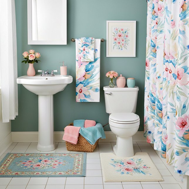 Pink and blue watercolor floral bath towel set (Creator Uploaded)