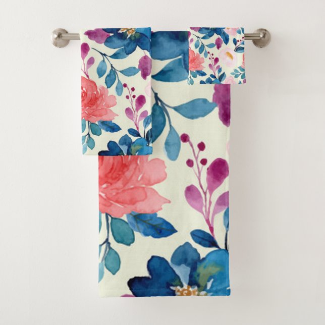 Pink and Blue Watercolor Floral Bath Towel Set (Insitu)