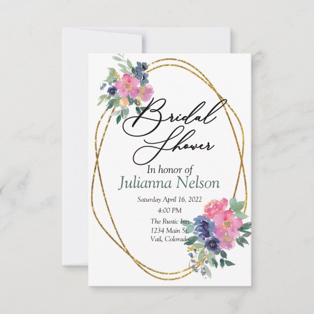 Pink and blue watercolor floral  invitation (Front)