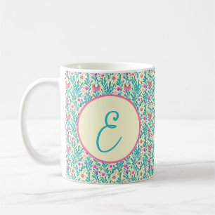 Pink and blue watercolor floral pattern monogram coffee mug