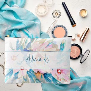 Pink and blue watercolor floral personalised accessory pouch