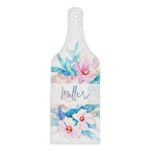 Pink and blue watercolor floral personalised cutting board