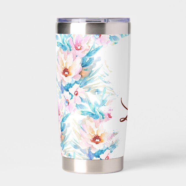 Pink and blue watercolor floral personalised insulated tumbler (Front)