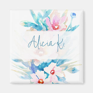 Pink and blue watercolor floral personalised magnet